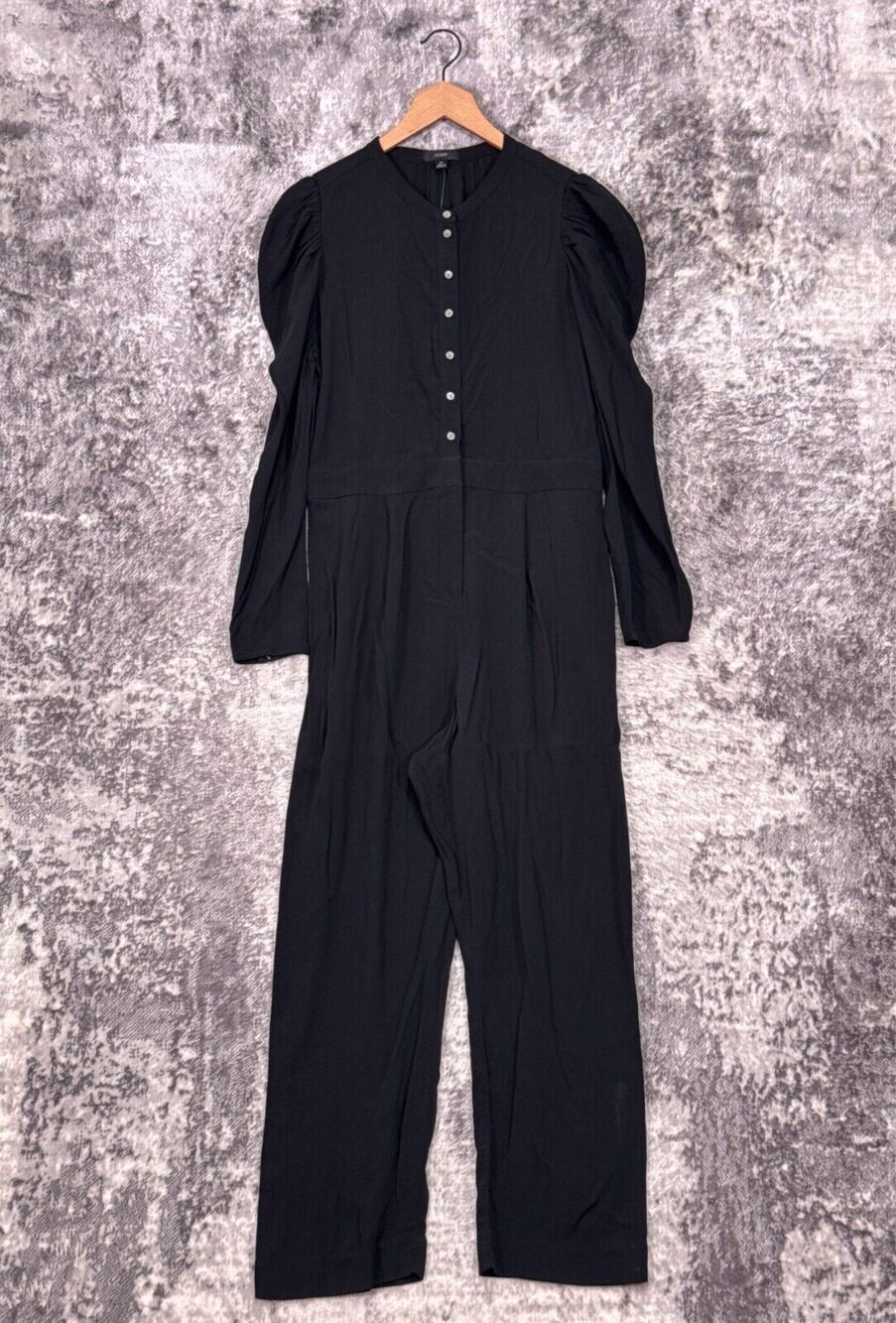New J Crew Jumpsuit 10 Womens Black Crepe Puff Sleeve Button Up